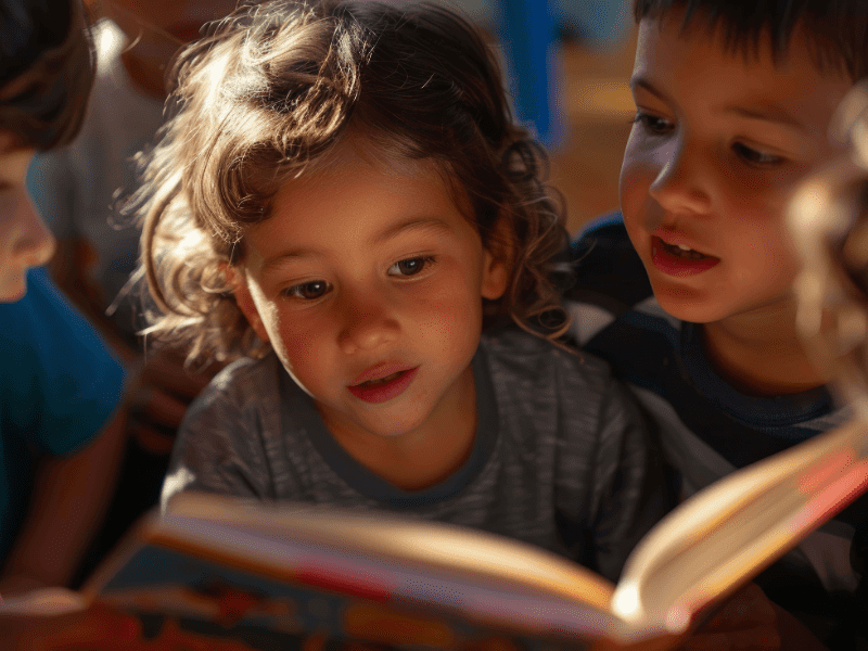 Grupo de crianças lêem livro juntas