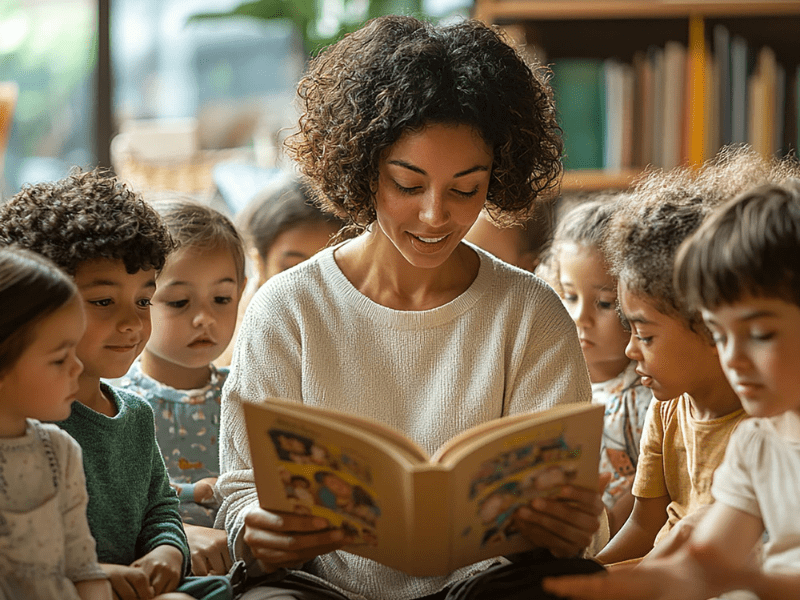 Mulher negra, sentada, lê livro, rodeada de crianças